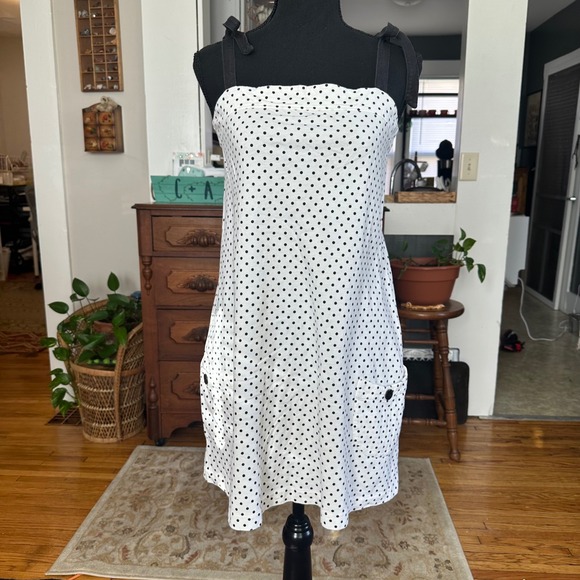 Vtg y2k Roxy Polka Dot Mini Dress Tie Shoulder Black White Casual Beach size M - Picture 1 of 9